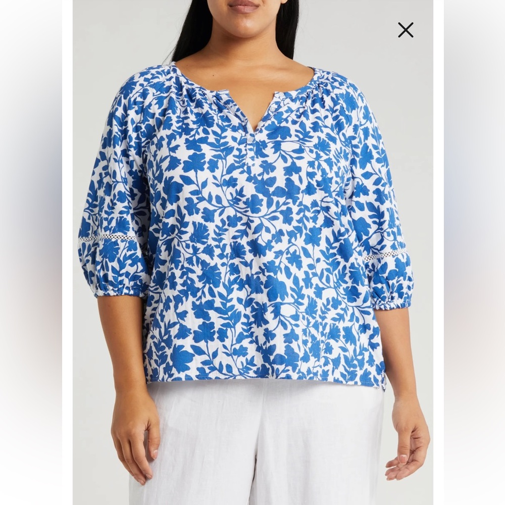 Caslon Blue and White 100% Cotton Floral Blouse size 2X